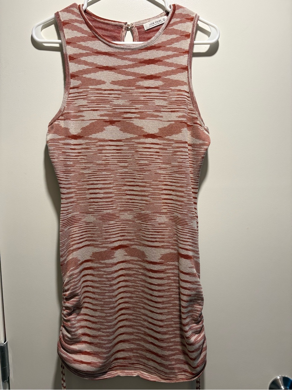 12th Tribe Knit Mini Dress L Rust Cream Ruched Drawstring Sleeveless